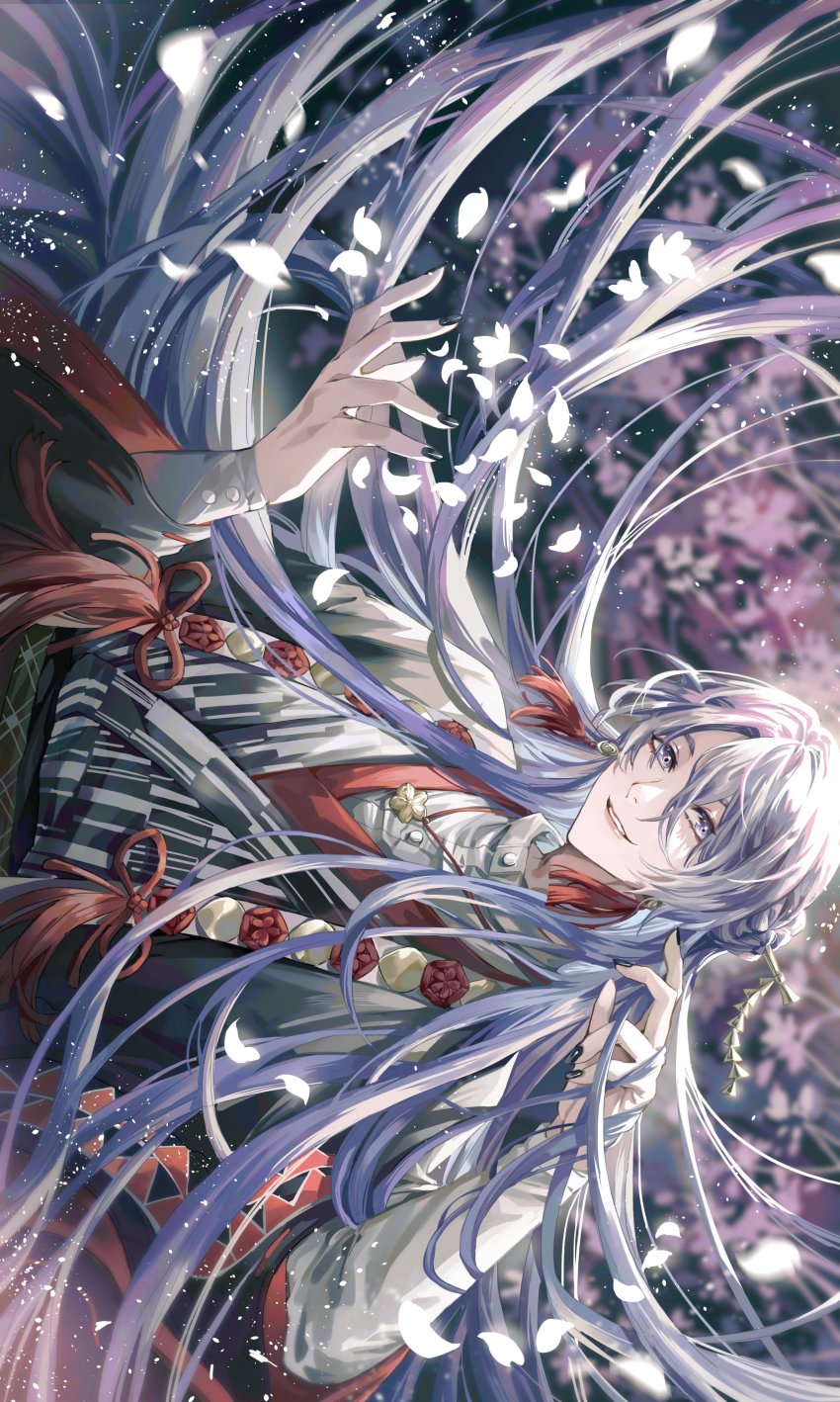 1boy absurdres black_jacket black_kimono black_nails blurry blurry_background cherry_blossoms dress_shirt earrings flower flower_knot flower_necklace genzuki_toujirou hair_between_eyes hair_bun hair_ornament hair_spread_out hair_stick hand_in_own_hair haori highres jacket japanese_clothes jewelry kimono long_hair looking_at_viewer male_focus nail_polish necklace nijisanji parted_lips pendant petals print_kimono purple_eyes purple_hair shirt sideways smile solo tassel tassel_earrings tsukimiya_akira upper_body very_long_hair virtual_youtuber white_kimono white_shirt