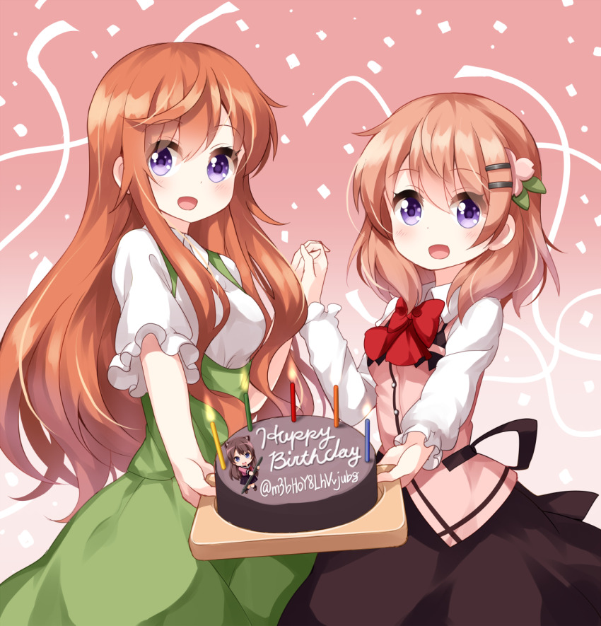 2girls :d birthday_cake black_skirt blush bow bowtie cake candle collared_shirt commentary_request cowboy_shot flower food gochuumon_wa_usagi_desu_ka? gradient_background green_skirt hair_flower hair_ornament hairclip highres holding holding_tray hoto_cocoa hoto_mocha long_hair long_sleeves looking_at_viewer medium_hair multiple_girls open_mouth orange_hair pink_background pink_vest purple_eyes red_bow red_bowtie ruu_(tksymkw) shirt short_sleeves skirt smile suspender_skirt suspenders tray vest white_shirt