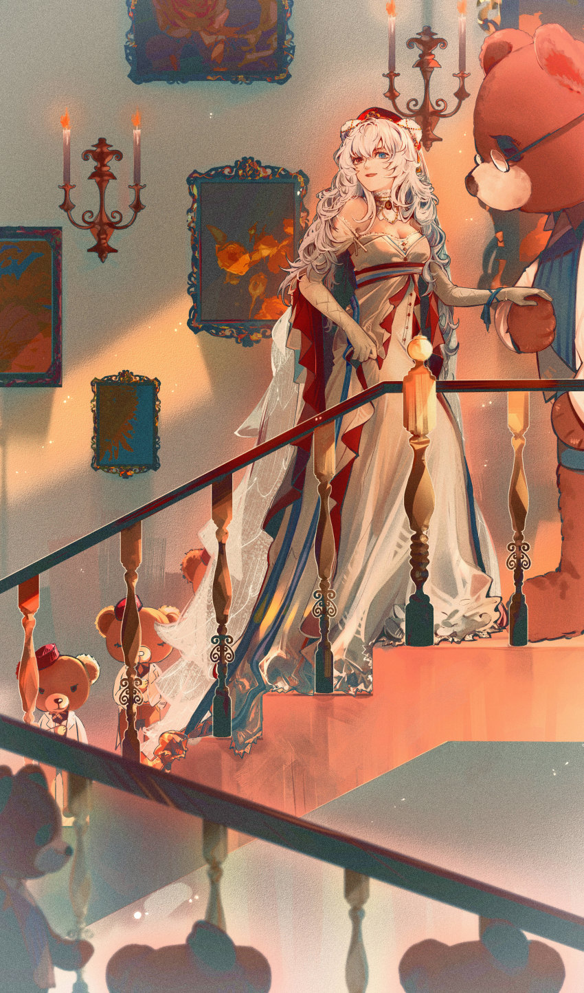 1girl absurdres animal_ears arknights bear_ears blue_eyes blue_ribbon candle candlestand chinese_commentary closed_mouth collar collared_shirt commentary dress elbow_gloves eyebrows_hidden_by_hair fez_hat fire frilled_dress frills full_body glasses gloves hair_between_eyes hat heterochromia highres holding_hands jewelry light_smile lips long_hair official_alternate_costume painting_(object) picture_frame railing red_eyes red_hat ribbon rosa_(arknights) rosa_(masterpiece)_(arknights) shirt skirt_hold solo stairs stepcacc stuffed_animal stuffed_toy teddy_bear very_long_hair white_collar white_dress white_gloves white_hair white_shirt