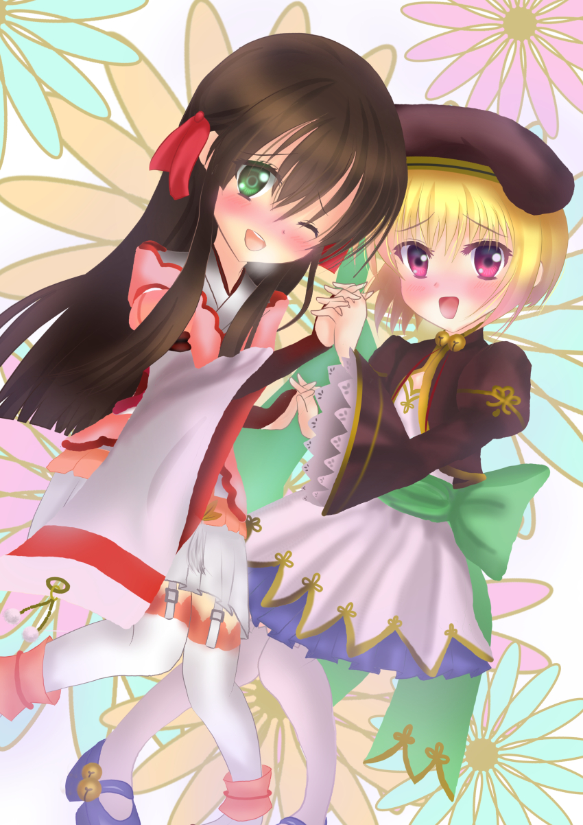 2girls absurdres beret black_hair blonde_hair blush commentary_request floral_background green_eyes hair_between_eyes hair_ornament hat heavy_breathing highres holding_hands japanese_clothes kimono koihime_musou long_hair looking_at_viewer martinreaction multiple_girls one_eye_closed open_mouth purple_eyes sengoku_koihime_~otome_kenran_sengoku_emaki~ shokatsuryou_(koihime_musou) takenaka_hanbee_shino_shigeharu thighhighs yukata
