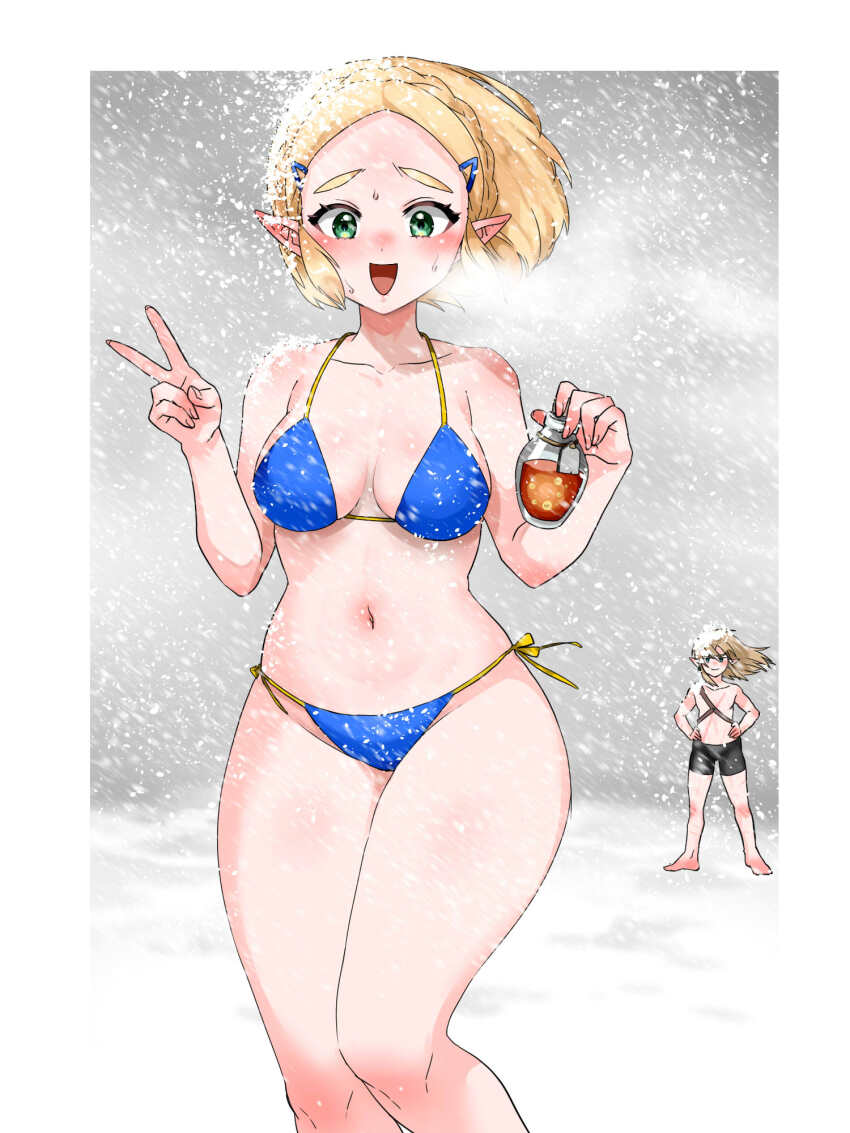 1boy 1girl bikini black_shorts blonde_hair blue_bikini blush border braid breasts collarbone commentary_request crown_braid feet_out_of_frame green_eyes hair_ornament hairclip hands_on_own_hips highres holding_potion link looking_at_viewer medium_breasts medium_hair navel nintendo open_mouth outside_border pointy_ears princess_zelda short_hair shorts side-tie_bikini_bottom smile snow snowing solo_focus stomach sweat swimsuit the_legend_of_zelda the_legend_of_zelda:_tears_of_the_kingdom v wasabi_(legemd) white_border