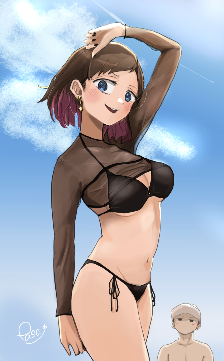 1boy 1girl absurdres arm_up bikini black_bikini black_nails black_shrug blue_eyes blush boku_no_kokoro_no_yabai_yatsu breasts brown_hair colored_inner_hair cowboy_shot day earrings highres ichikawa_kana jewelry long_sleeves multicolored_hair nail_polish navel parted_lips paso ringed_eyes see-through_shrug short_hair shrug_(clothing) side-tie_bikini_bottom signature sky small_breasts sota_jun string_bikini swimsuit