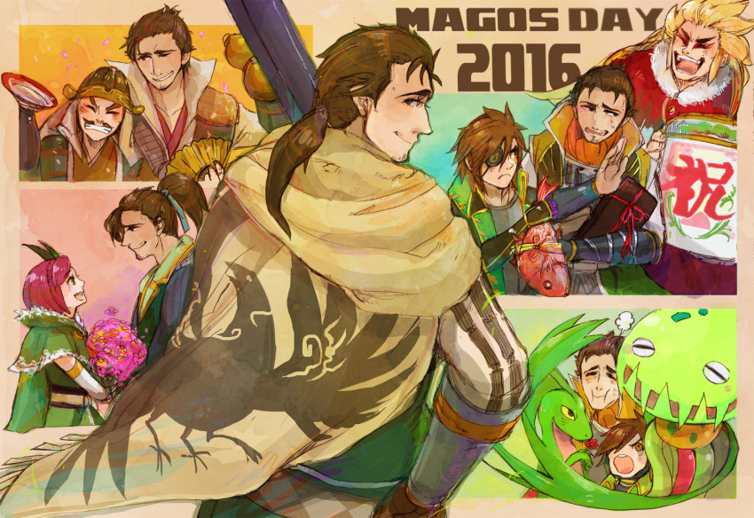alcohol ascot bottle bouquet brown_hair cape carnivine date_masamune eyepatch fish flower gen_3_pokemon gen_4_pokemon grovyle gun helmet hosokawa_gracia maeda_keiji patterned_clothing pokemon pokemon_conquest ponytail red_hair rifle saika_magoichi sake sake_bottle sengoku_musou toyotomi_hideyoshi weapon yukimoto