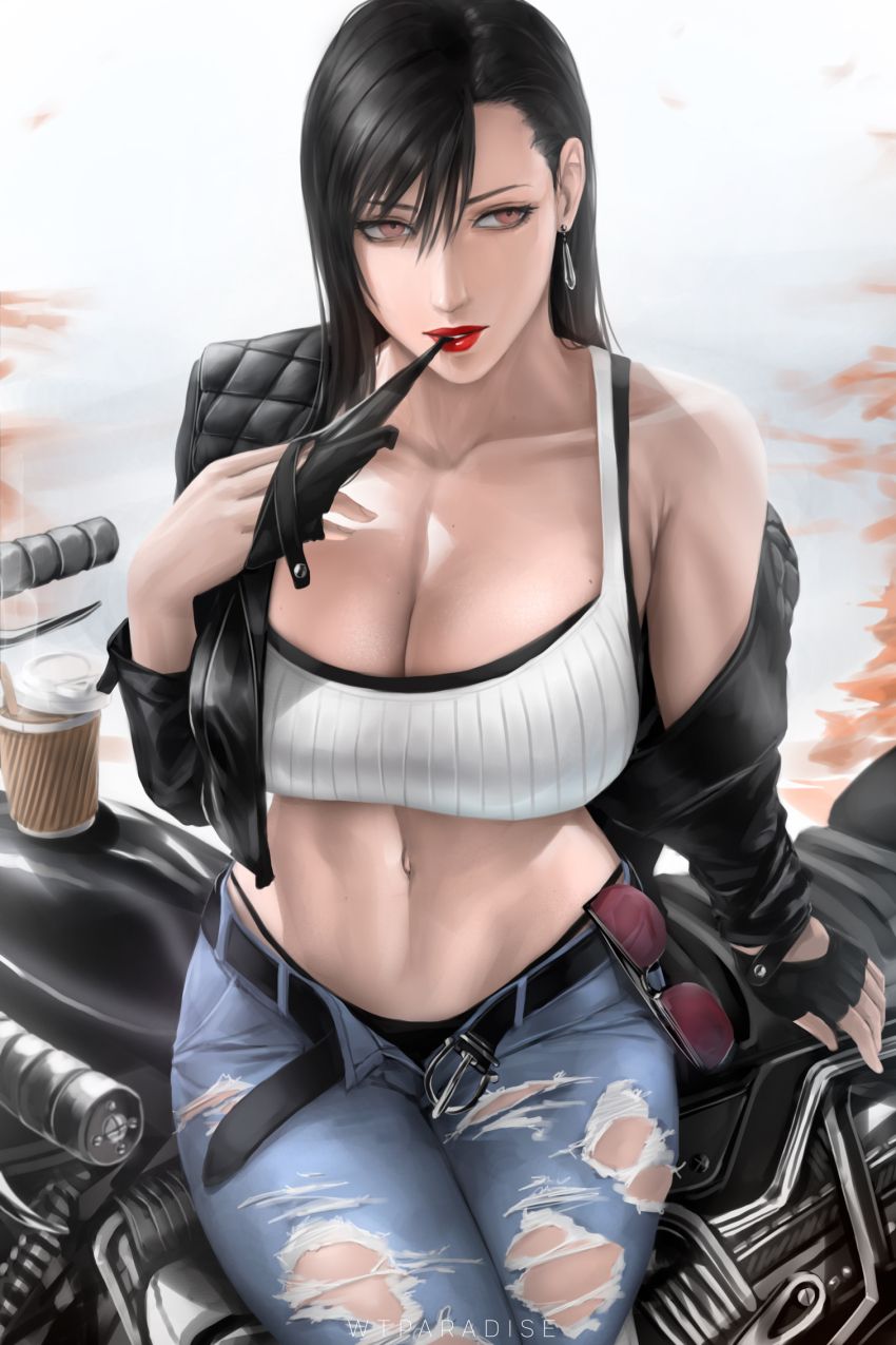 1girl artist_name belt black_belt black_bra black_gloves black_hair black_jacket bra breasts cleavage crop_top cropped_jacket denim earrings final_fantasy final_fantasy_vii fingerless_gloves gloves highres jacket jewelry large_breasts long_hair midriff motor_vehicle motorcycle mouth_hold navel off_shoulder open_belt open_clothes open_jacket outdoors pants red_eyes sitting solo tank_top tifa_lockhart tinted_eyewear torn_clothes torn_pants underwear unworn_eyewear wtparadise