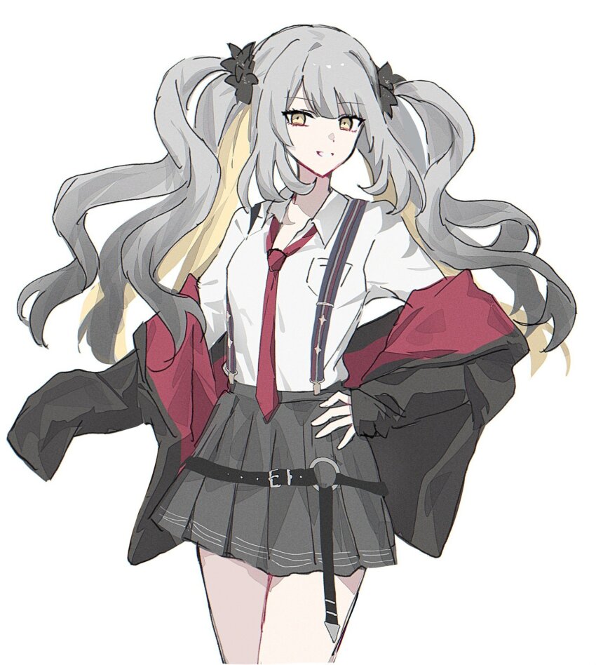 1girl black_jacket black_skirt blonde_hair colored_inner_hair fate/grand_order fate_(series) flower grey_hair hair_flower hair_ornament hand_on_own_hip highres jacket long_hair long_sleeves looking_at_viewer loose_necktie marie_antoinette_(fate) marie_antoinette_alter_(fate) multicolored_hair multicolored_jacket necktie nekwnek open_clothes open_jacket partially_unbuttoned red_jacket red_necktie school_uniform shirt simple_background skirt smile solo suspenders thighs twintails two-tone_hair white_background white_shirt yellow_eyes