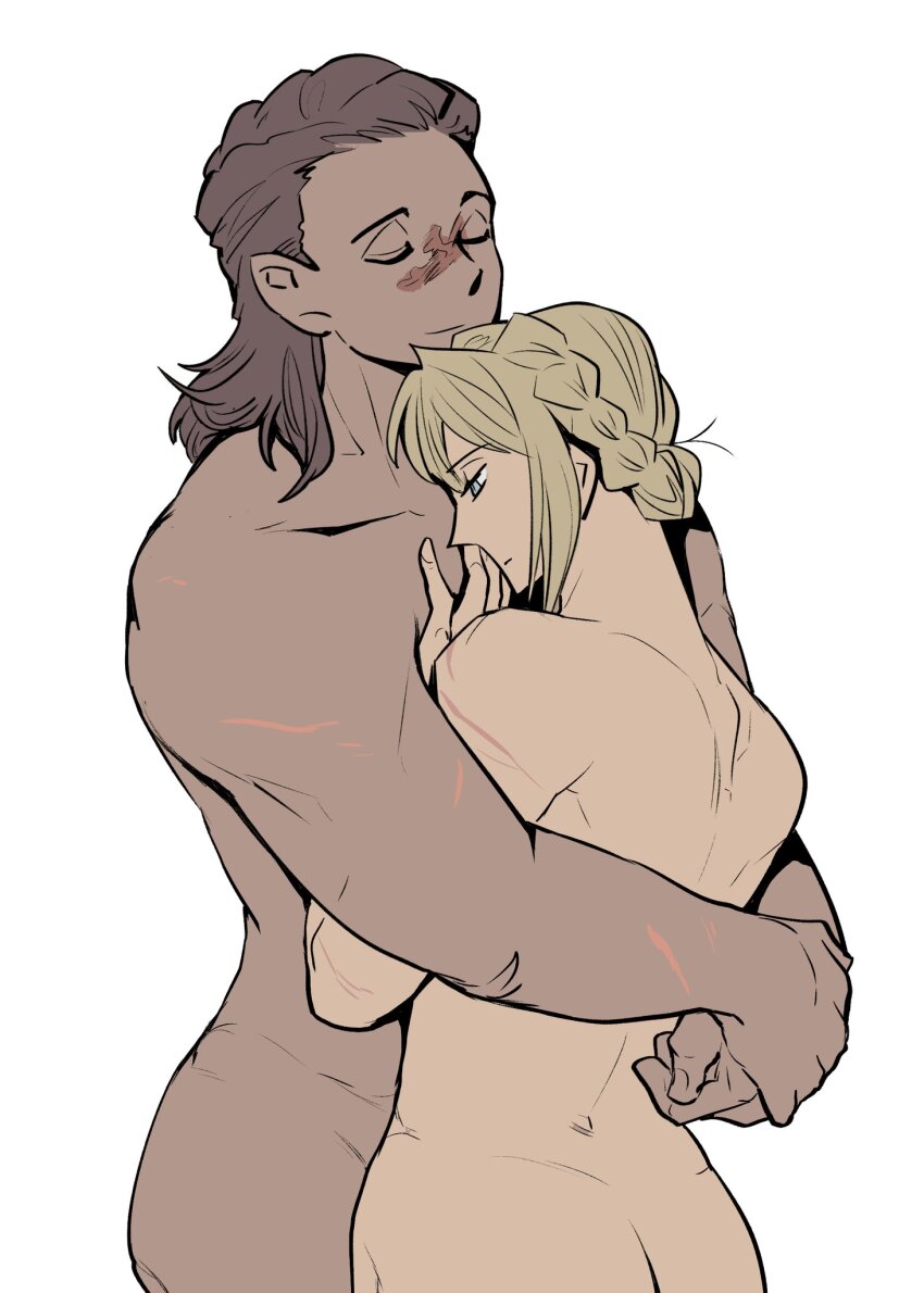 2girls ass blonde_hair boned-woo braid closed_eyes completely_nude dark-skinned_female dark_skin elden_ring elden_ring:_shadow_of_the_erdtree highres hug multiple_girls muscular muscular_female needle_knight_leda nude redmane_freyja scar scar_on_arm scar_on_face simple_background smile tall_female yuri