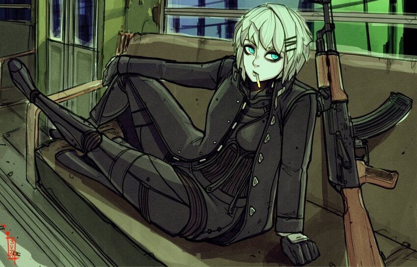 1girl ak-47 assault_rifle bags_under_eyes black_bodysuit black_coat blue_eyes bodysuit bodysuit_under_clothes cigarette coat cyberpunk dane_celestia gun hair_ornament hairclip highres kalashnikov_rifle looking_at_viewer marie_(peripeteia) open_clothes open_coat peripeteia popped_collar rifle short_hair sitting smoking solo train_interior trench_coat triangle_button weapon white_hair