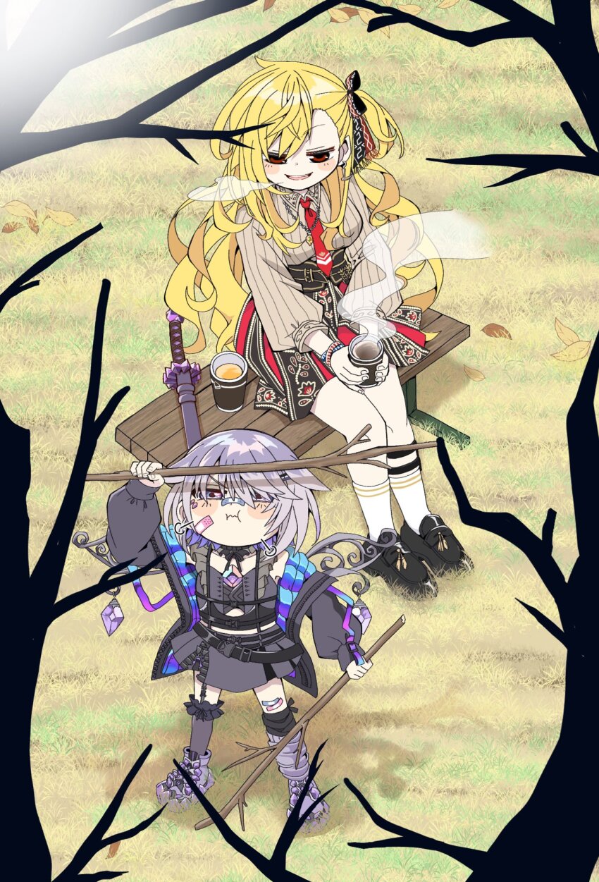 2girls autumn bench blonde_hair blush blush_stickers bow breath collared_shirt colored_inner_hair dress grey_hair hair_bow highres hololive hololive_english hololive_indonesia jewel_under_eye jewelry kaela_kovalskia kaela_kovalskia_(indonesian_casual) koseki_bijou koseki_bijou_(casual) leaf long_hair multicolored_hair multiple_girls necklace necktie official_alternate_costume one_side_up park_bench purple_eyes purple_hair red_eyes red_necktie ribbed_shirt shirt sitting skirt steam tada_no_shika virtual_youtuber