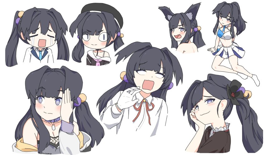 1girl animal_ear_fluff animal_ears aru_(blue_archive) aru_(blue_archive)_(cosplay) black_hair black_headwear blue_archive blush breasts cheerleader closed_eyes closed_mouth cosplay crop_top crying dog_ears dog_girl flower gloves hair_bobbles hair_ornament hat hibiki_(blue_archive) hibiki_(cheer_squad)_(blue_archive) highres koharu_(blue_archive) koharu_(blue_archive)_(cosplay) koyuki_(blue_archive) koyuki_(blue_archive)_(cosplay) kutsusama long_hair long_sleeves looking_at_viewer low_twintails medium_breasts millennium_cheerleader_outfit_(blue_archive) multiple_views mutsuki_(blue_archive) mutsuki_(blue_archive)_(cosplay) off_shoulder open_mouth pleated_skirt ponytail sailor_collar school_uniform serafuku shirt side_ponytail sidelocks simon_(ttgl) simple_background skirt socks twintails white_background white_gloves white_shirt white_socks