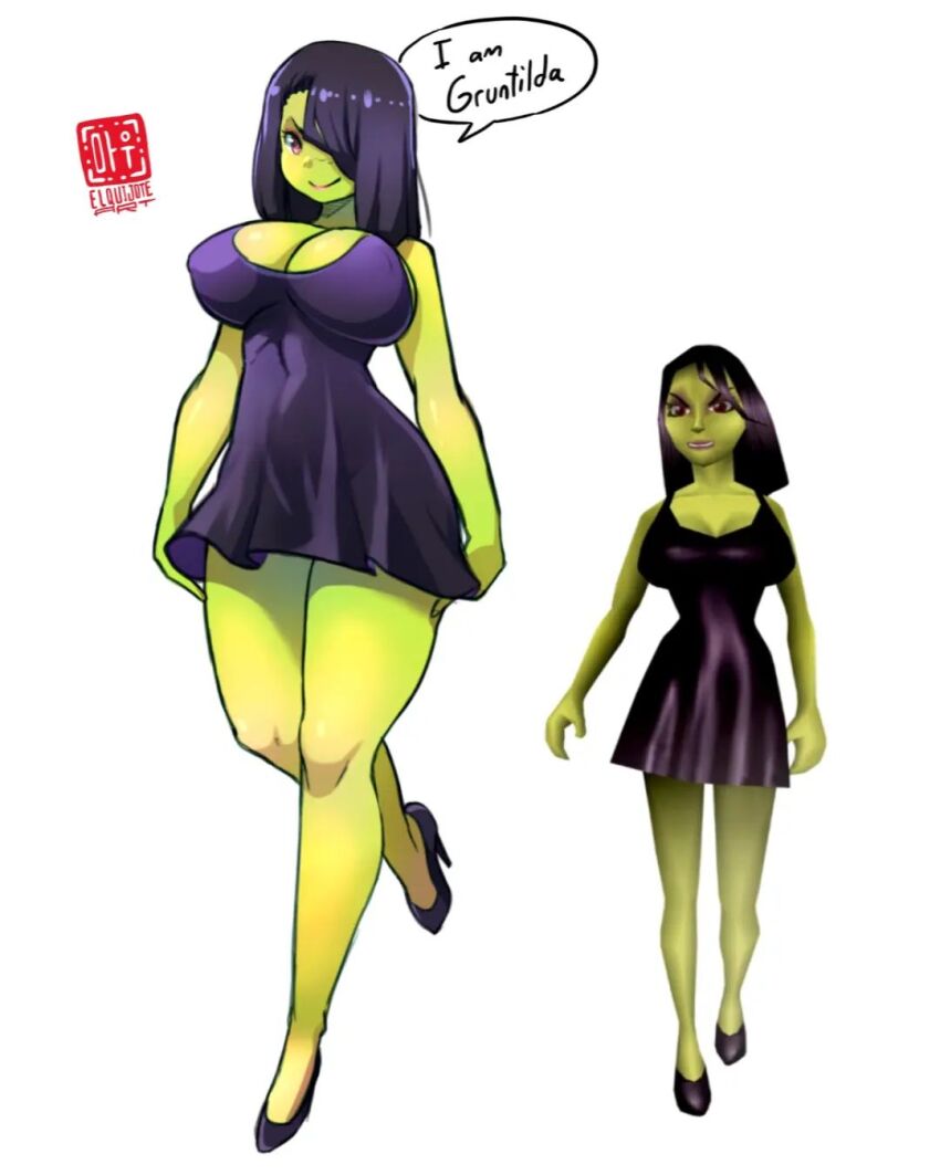 1girl alternate_form artist_name banjo-kazooie bare_shoulders black_dress black_footwear black_hair breasts cleavage colored_skin curvy dress el_quijote english_text female_focus full_body green_skin gruntilda_winkybunion hair_over_one_eye high_heels highres large_breasts long_hair looking_at_viewer microsoft official_alternate_costume official_art red_eyes reference_inset shiny_clothes shiny_skin smile solo speech_bubble standing thick_thighs thighs white_background witch