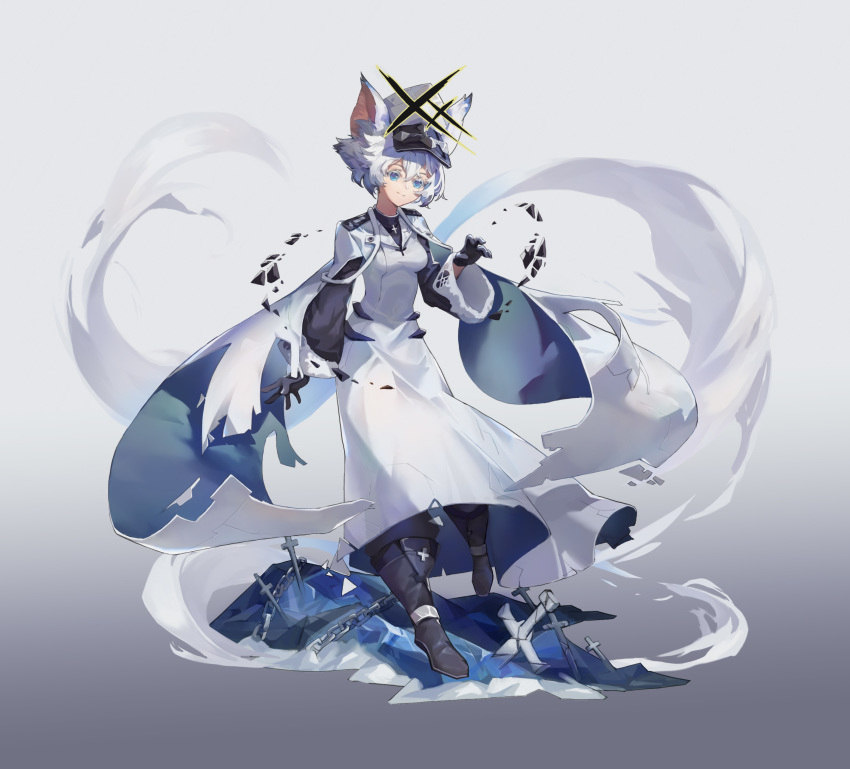 1girl absurdres alchemy_stars animal_ears black_boots black_gloves blue_eyes boots breasts cape cat_ears chain closed_mouth colored_tips cross dress full_body gloves gradient_background hand_up hat highres huangyan_zhizaoji ice latin_cross long_sleeves magic multicolored_hair peaked_cap philyshy_(alchemy_stars) short_hair small_breasts smile solo white_dress white_hair white_hat