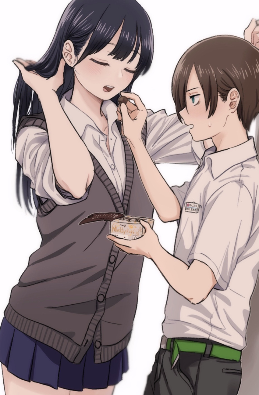1boy 1girl black_hair black_pants blue_skirt boku_no_kokoro_no_yabai_yatsu box box_of_chocolates cardigan chocolate closed_eyes collared_shirt cowboy_shot feeding food hair_lift hand_in_own_hair hand_up hetero highres holding holding_food holding_own_hair ichikawa_kyoutarou kabedon long_hair narumi_(62rimi) open_clothes pants pleated_skirt profile purple_cardigan school_uniform shirt short_hair short_sleeves simple_background skirt white_background white_shirt yamada_anna