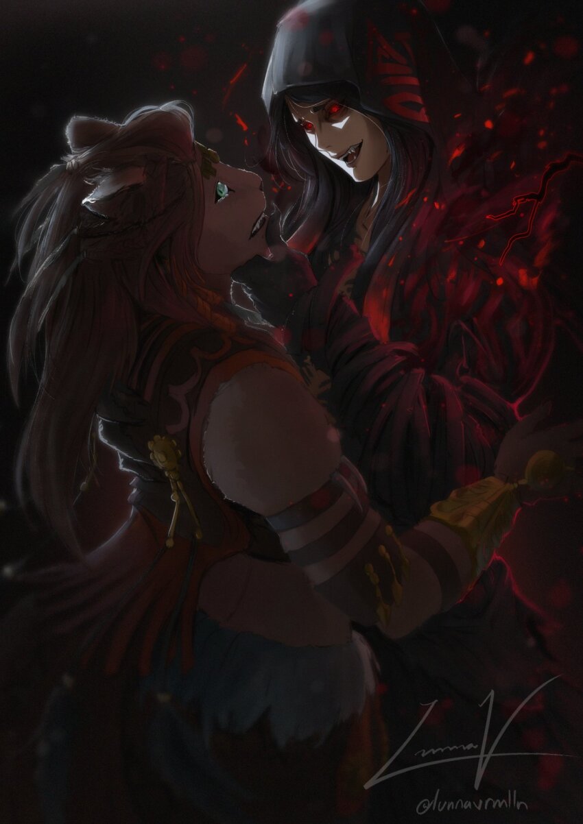 2girls black_hair dark_background eye_contact fangs final_fantasy final_fantasy_xiv glowing glowing_eyes green_eyes hand_on_another&#039;s_chin highres hood hrothgar hyur lion_girl looking_at_another lunnavrmlln multiple_girls reaper_(final_fantasy) red_eyes scared tears warrior_of_light_(ff14) wuk_lamat yuri