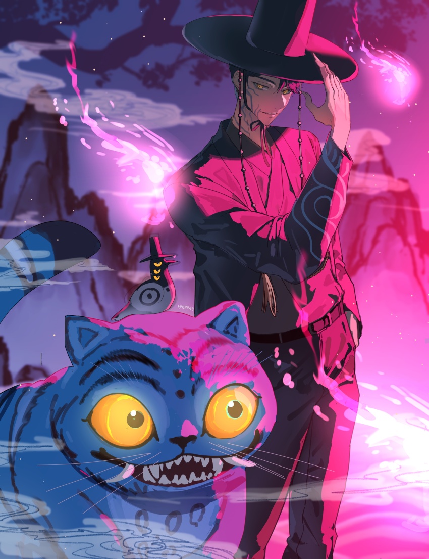 1boy 2others absurdres belt bird black_belt black_hanbok black_pants cowboy_shot crow derpy_(kpop_demon_hunters) facial_tattoo gat_(hat) gatkkeun hanbok hat highres jinu_(kpop_demon_hunters) korean_clothes korean_traditional_hat kpop_demon_hunters looking_at_viewer multiple_others pants parted_bangs purple_hair ryepe slit_pupils sussie_(kpop_demon_hunters) tattoo tiger yellow_eyes