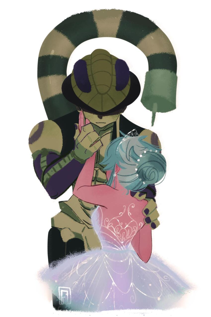 1boy 1girl absurdres arthropod_boy backless_dress backless_outfit bare_shoulders colored_skin dress earrings fewer_digits french-unicorn green_skin grey_hair hair_bun hand_on_another&#039;s_shoulder highres holding_hands hunter_x_hunter jewelry komugi_(hunter_x_hunter) long_earlobes meruem simple_background stinger tail upper_body white_background white_dress