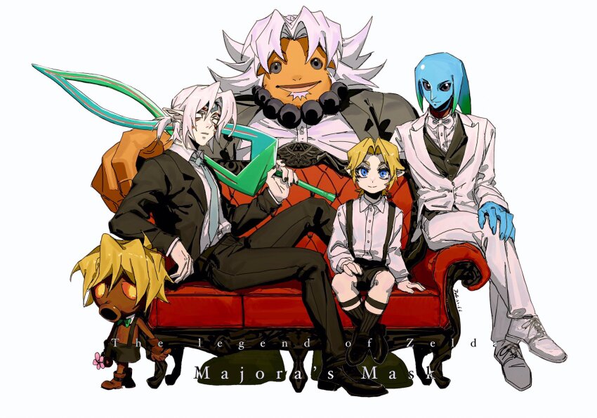 5boys alternate_costume alternate_form alternate_hair_color blonde_hair blue_eyes couch deku deku_link deku_scrub dele14375735 dual_persona english_text fierce_deity fierce_deity_link goron goron_link highres holding holding_sword holding_weapon link looking_at_viewer multiple_boys multiple_persona nintendo no_pupils possessed possession sword tattoo the_legend_of_zelda the_legend_of_zelda:_majora&#039;s_mask tuxedo weapon white_hair zora zora_link