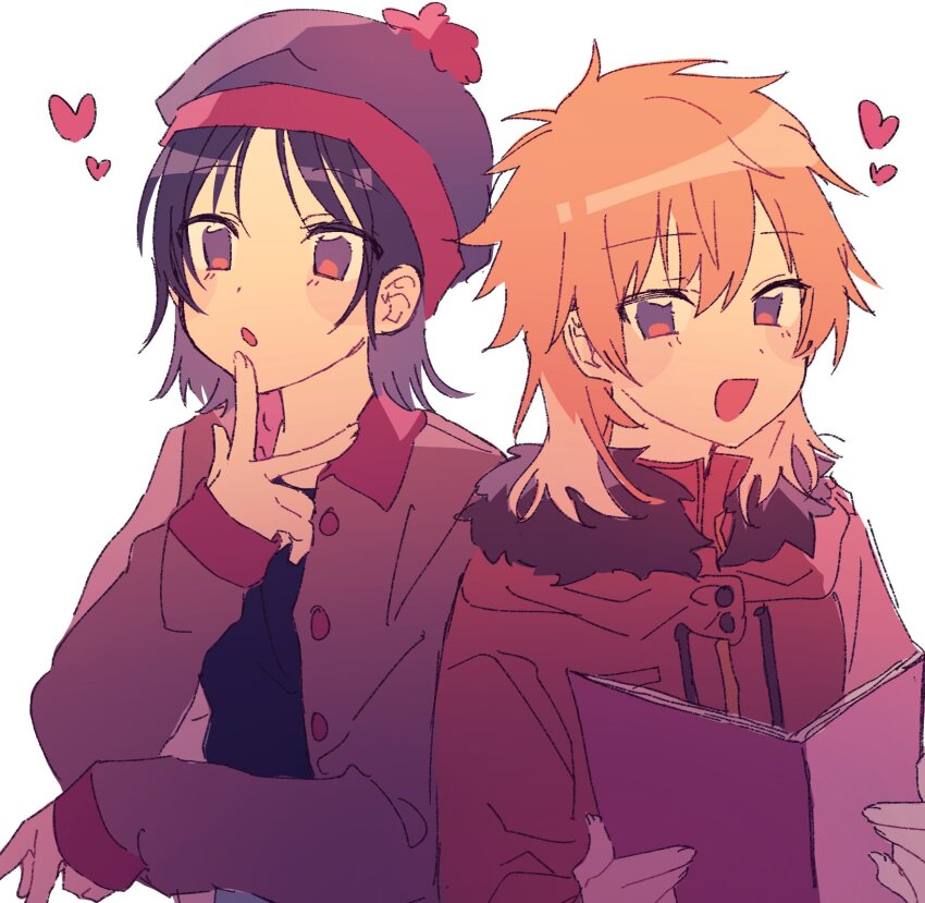 2girls animification beanie black_hair blonde_hair blush_stickers book commentary fur-trimmed_hood fur_trim genderswap genderswap_(mtf) hat heart highres holding holding_book hood hood_down hooded_jacket jacket kenny_mccormick long_hair long_sleeves multiple_girls open_clothes open_jacket open_mouth parka pom_pom_(clothes) pom_pom_beanie purple_eyes shirasunuko smile south_park stan_marsh symbol-only_commentary