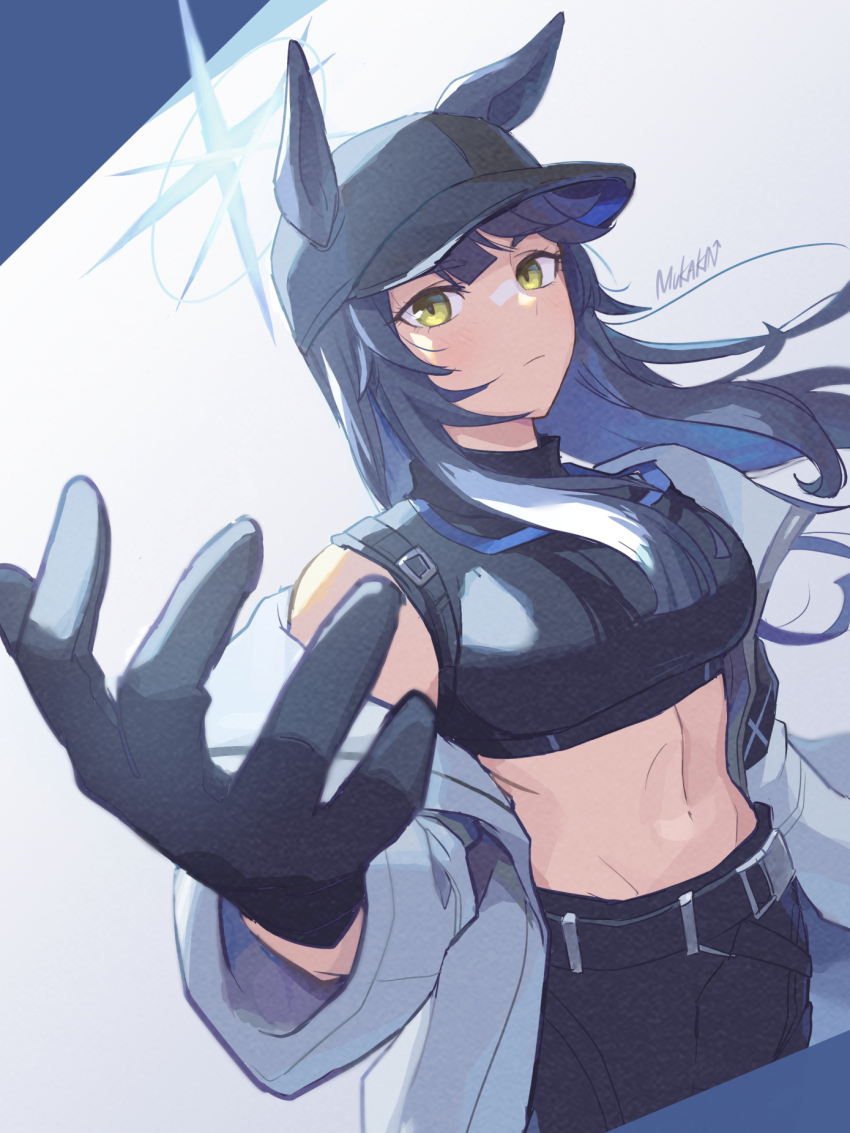1girl animal_ears bandaid bandaid_on_face bandaid_on_nose bare_shoulders baseball_cap black_gloves black_hat black_pants blue_archive blue_hair coat commentary_request cosplay cowboy_shot crop_top ears_through_headwear foreshortening gloves hat highres horse_ears leggings long_hair long_sleeves looking_at_viewer midriff mukakin narita_brian_(umamusume) navel off_shoulder open_clothes open_coat pants saori_(blue_archive) saori_(blue_archive)_(cosplay) solo standing stomach umamusume white_coat yellow_eyes