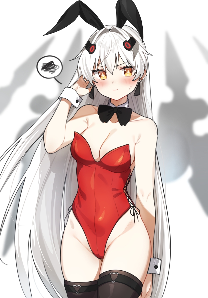1girl alternate_costume alternate_hairstyle animal_ears black_bow black_bowtie black_thighhighs bow bowtie breasts cleavage cross-shaped_pupils detached_collar earrings fake_animal_ears floating floating_object floating_weapon hair_between_eyes highres jewelry leotard long_hair luna:_laurel_(pgr) luna_(pgr) myam_(123ab456c) playboy_bunny punishing:_gray_raven rabbit_ears red_leotard solo spoken_squiggle squiggle standing straight_hair symbol-shaped_pupils thighhighs triangle_earrings very_long_hair white_hair wing_collar wrist_cuffs yellow_eyes