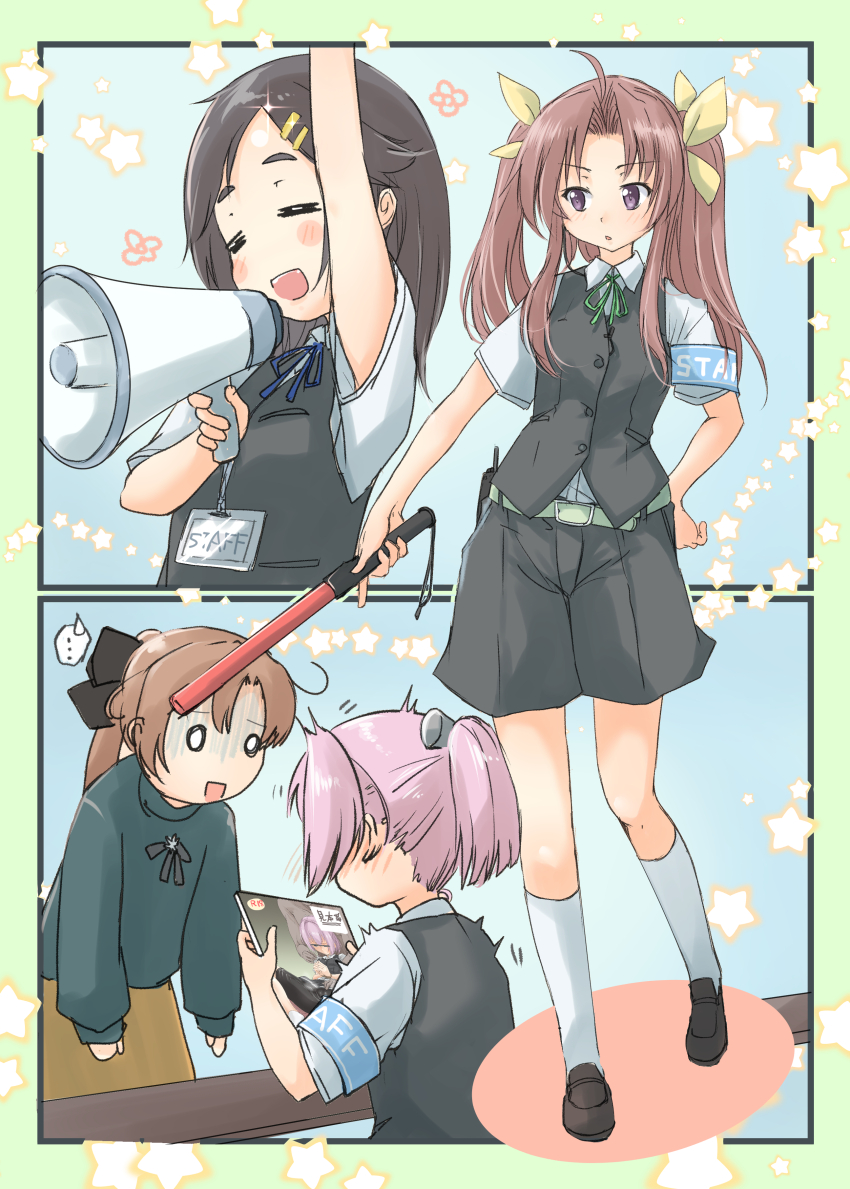 4girls absurdres adapted_costume akigumo_(comiket)_(kancolle) akigumo_(kancolle) black_shorts black_vest brown_hair closed_eyes collared_shirt dress_shirt fyuo glowstick green_sweater hashtag-only_commentary highres holding holding_glowstick id_card kagerou_(kancolle) kantai_collection kuroshio_(kancolle) long_hair megaphone multiple_girls o_o orange_skirt ponytail shiranui_(kancolle) shirt short_hair shorts skirt sweater traffic_baton twintails vest white_background white_shirt