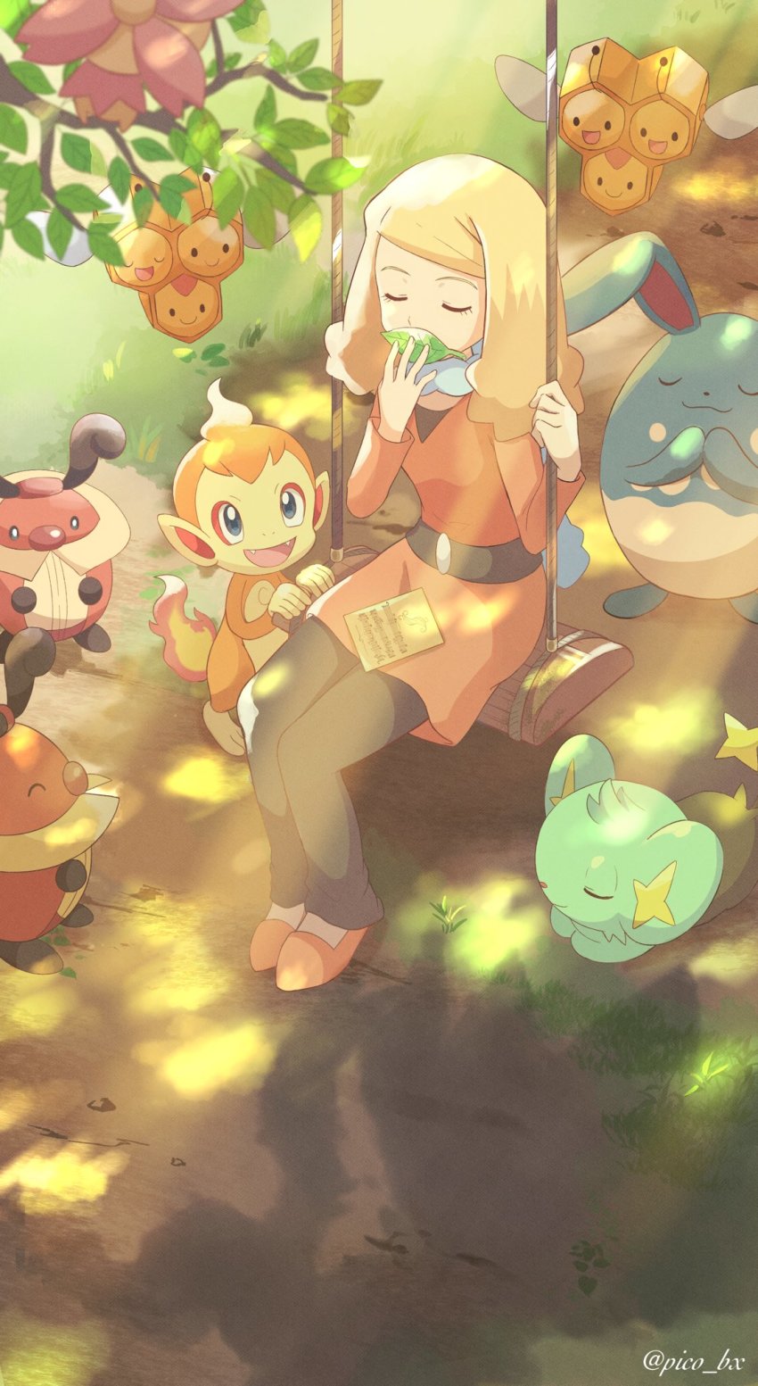 1girl alice_(pokemon) azumarill blonde_hair cherrim cherrim_(sunshine) chimchar closed_eyes combee commentary_request day dress eyelashes gen_2_pokemon gen_4_pokemon grass hands_up highres holding holding_leaf kricketot leaf long_sleeves mei_(maysroom) nintendo orange_dress orange_footwear outdoors pants pokemon pokemon:_the_rise_of_darkrai pokemon_(anime) pokemon_(creature) pokemon_dppt_(anime) shinx shoes sitting swing