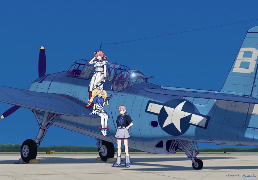 3girls aircraft anchor black_shirt blonde_hair blue_eyes breast_pocket breasts brown_hair dress gambier_bay_(kancolle) gloves hair_between_eyes hair_ornament hairband high_side_ponytail highres intrepid_(kancolle) intrepid_kai_(kancolle) kantai_collection large_breasts long_hair multiple_girls nakaaki_masashi neckerchief pocket ponytail red_legwear saratoga_(kancolle) shirt short_hair side_ponytail smokestack tbf_avenger thighhighs twintails vehicle_focus white_dress
