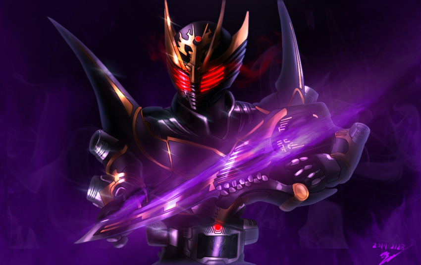 1boy armor belt black_armor dark_persona dragon dragvisor eastern_dragon evil_eyes glowing glowing_eyes holding horns kamen_rider kamen_rider_ryuga kamen_rider_ryuga_survive kamen_rider_ryuki_(series) looking_at_viewer male_focus mask necrom_(973797hyun) power_armor red_eyes rider_belt solo sword tokusatsu v_buckle weapon