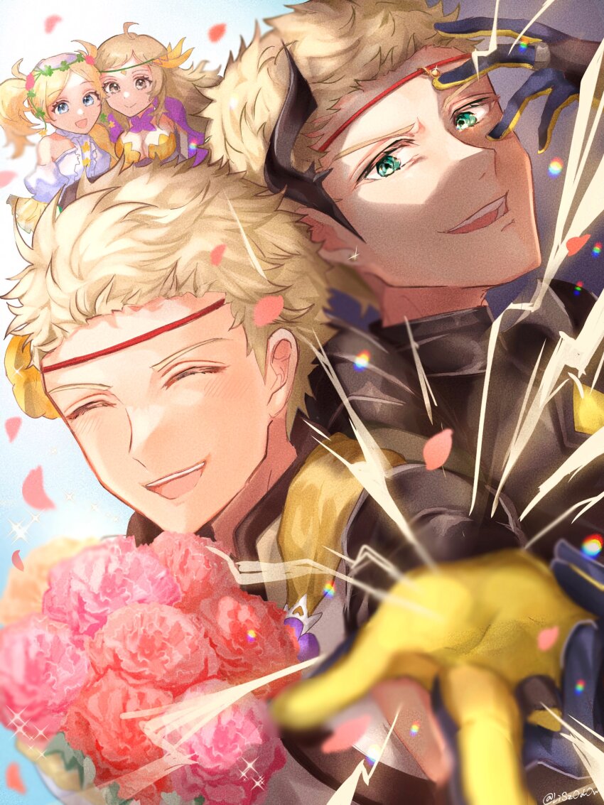 2boys 2girls absurdres bare_shoulders blonde_hair blue_eyes bouquet breasts cleavage closed_eyes dress dual_persona father_and_daughter fire_emblem fire_emblem_awakening fire_emblem_fates fire_emblem_heroes flower gloves green_eyes hand_over_face highres holding holding_bouquet large_breasts lissa_(fire_emblem) lissa_(valentine)_(fire_emblem) long_hair looking_at_viewer medium_breasts mother_and_son multiple_boys multiple_girls nintendo odin_(fire_emblem) odin_(resplendent)_(fire_emblem) official_alternate_costume open_mouth owain_(fire_emblem) owain_(valentine)_(fire_emblem) petals reaching reaching_towards_viewer twintails upper_body white_dress yellow_gloves youhei_choregi