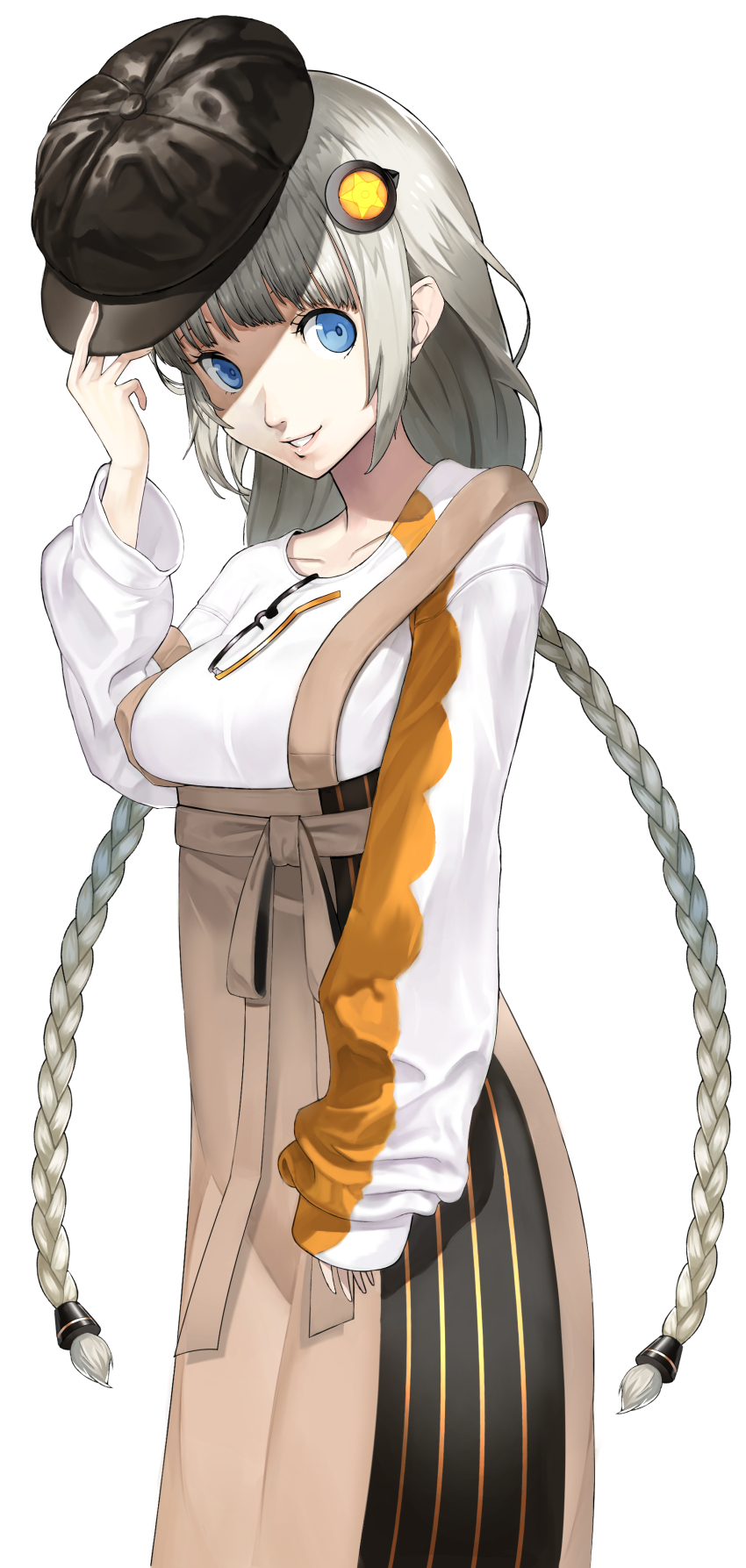 1girl a.i._voice absurdres black_hat blue_eyes braid breasts brown_skirt cabbie_hat eyewear_hang feet_out_of_frame glasses grey_hair grin hair_ornament hand_up hat high-waist_skirt highres hiragi_sage holding holding_unworn_clothes holding_unworn_hat kizuna_akari kizuna_akari_(a.i._voice) large_breasts long_hair long_skirt long_sleeves looking_at_viewer low_twin_braids parody persona sidelocks simple_background skirt smile soejima_shigenori_(style) solo standing style_parody suspender_skirt suspenders suspenders_slip sweater twin_braids underbust unworn_eyewear unworn_hat unworn_headwear very_long_hair voiceroid white_background white_sweater
