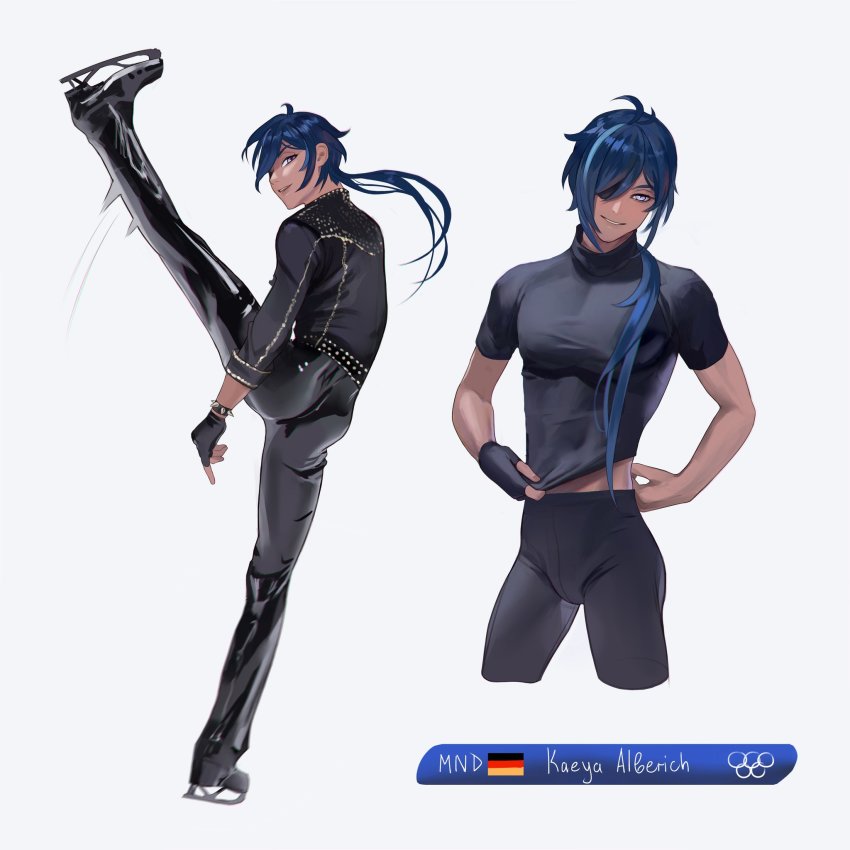 1boy ahoge alternate_costume antenna_hair ass black_jacket black_leggings black_pants black_shirt blue_eyes blue_hair bracelet bulge character_name commentary dark-skinned_male dark_skin eyepatch figure_skating fingerless_gloves genshin_impact german_flag gloves gold_trim hair_between_eyes hair_over_one_eye hair_over_shoulder highres ice_skates ice_skating jacket kaeya_(genshin_impact) leg_up leggings long_hair looking_at_viewer looking_back lu_luu99 male_focus midriff_peek motion_blur motion_lines multiple_views olympic_rings olympics pants pectorals ponytail shirt shirt_tug short_sleeves sidelocks simple_background single_fingerless_glove skates skating skin_tight smile standing studded_bracelet studded_jacket swept_bangs toned toned_male white_background