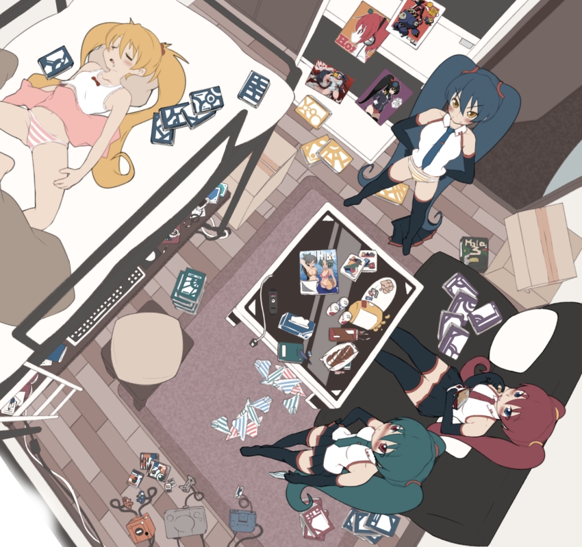 4girls alternate_color aqua_eyes aqua_hair ashley_(warioware) bad_id bad_pixiv_id bed blonde_hair blush box bunk_bed can chips_(food) closed_eyes controller couch drink_can eating elbow_gloves food from_above game_console game_controller ganaha_hibiki gloves green_hair hand_on_own_hip hands_on_own_hips hatsune_miku highres idolmaster idolmaster_(classic) long_hair lying magazine_(object) mario_(series) mega_man_(series) mega_man_legends_(series) multiple_girls namco natalia_(idolmaster) nintendo no_pants open_mouth panties playstation_1 poster_(object) red_eyes red_hair saliva servbot_(mega_man) sitting skirt skullgirls sleeping soda_can striped_clothes striped_panties thighhighs tissue tissue_box tron_bonne_(mega_man) twintails underwear valentine_(skullgirls) very_long_hair vocaloid warioware yajirushi_kaku yamaha yellow_eyes