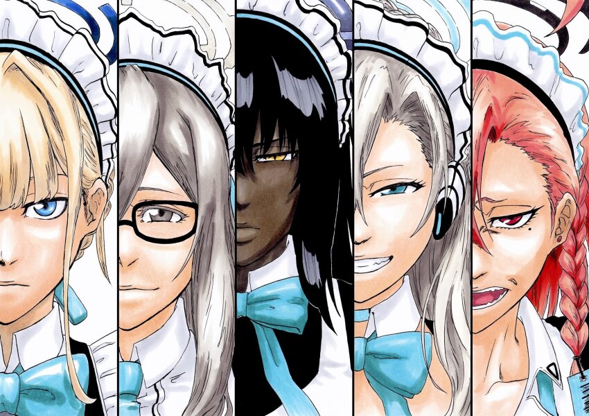5girls akane_(blue_archive) alpen_no_koyari asuna_(blue_archive) black-framed_eyewear black_hair bleach blonde_hair blue_archive blue_bow blue_bowtie blue_choker blue_eyes bow bowtie braid choker closed_mouth commentary_request dark-skinned_female dark_skin earrings grey_eyes grey_hair grin halo headphones highres jewelry karin_(blue_archive) kubo_tite_(style) long_hair looking_at_viewer maid maid_headdress mole mole_under_eye multiple_girls neru_(blue_archive) open_mouth parody red_eyes red_hair smile split_theme stud_earrings style_parody toki_(blue_archive) very_dark_skin yellow_eyes