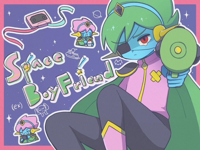 1boy black_pants blue_skin cape captain_spaceboy character_name closed_eyes closed_mouth colored_skin eyepatch food green_cape green_hair highres long_sleeves looking_at_viewer male_focus mewowem_omo mixtape_(omori) omori pants pink_hair pluto_(omori) red_eyes revision shaved_ice short_hair solo
