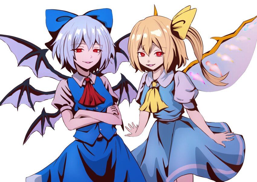 2girls ascot blonde_hair blue_bow blue_dress bow cirno cirno_(cosplay) cosplay crossed_arms crystal_wings daiyousei daiyousei_(cosplay) demon_wings dress fairy_wings fang flandre_scarlet grey_hair hair_bow highres looking_at_viewer merihari07 multiple_girls multiple_wings open_mouth puffy_sleeves red_ascot red_eyes remilia_scarlet shirt short_sleeves siblings side_ponytail simple_background sisters touhou white_background white_shirt wings yellow_ascot yellow_bow