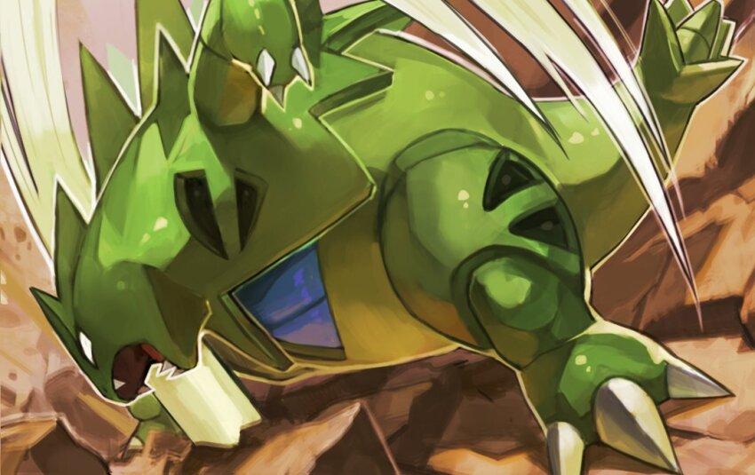claws commentary_request fighting gen_2_pokemon motion_lines nintendo no_humans outline pokemon rock sharp_teeth solid_eyes solo teeth tyranitar uedrk_yamato white_eyes white_outline