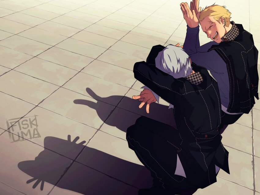 2boys arms_up black_jacket black_pants blonde_hair cat_shadow_puppet_(meme) closed_eyes collared_jacket commentary grey_hair hair_slicked_back highres houndstooth impetuss jacket kneeling laughing long_sleeves male_focus meme multiple_boys narukami_yu open_mouth pants persona persona_4 scar scar_on_face school_uniform short_sideburns symbol-only_commentary tatsumi_kanji teeth tile_floor tiles tongue upper_teeth_only yasogami_school_uniform