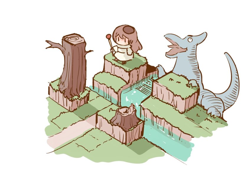 1girl animal beret blush_stickers brown_hair brown_hat chibi dinosaur hair_between_eyes hanomido hat highres holding holding_staff long_hair long_sleeves mini_hat original robe simple_background solo staff standing tree tree_stump water waterfall white_background white_robe |_|