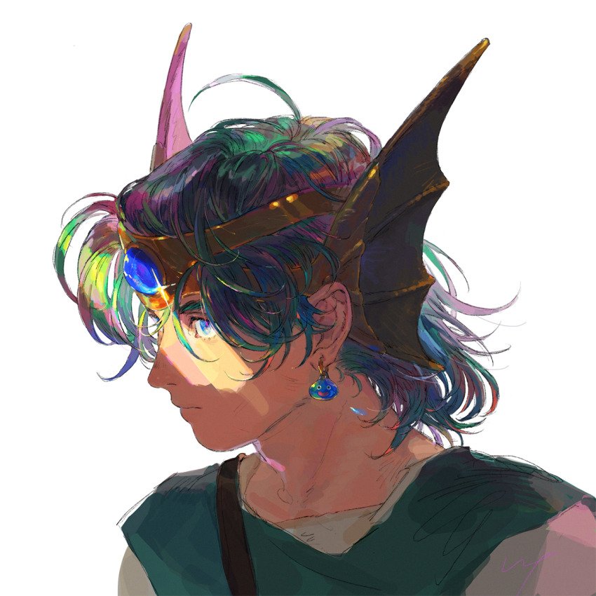 1boy :d blue_eyes blue_gemstone character_ear_piercing circlet closed_mouth commentary_request cropped_shoulders dragon_quest dragon_quest_iv earrings fake_head_wings fake_wings from_side gem glint green_hair green_tunic hero_(dq4) highres jewelry lip_(lih8) male_focus medium_hair open_mouth serious shade simple_background slime_(dragon_quest) smile solo tunic white_background wings