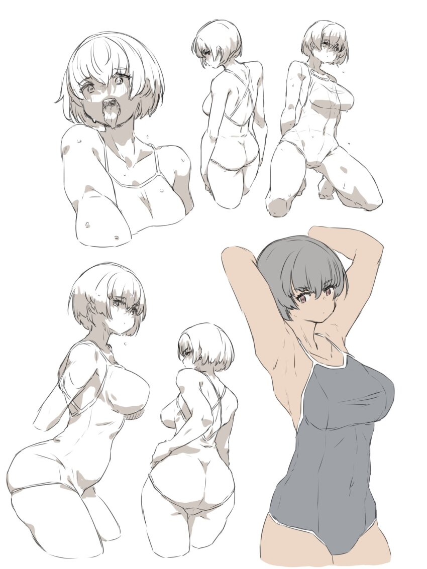 1girl arms_up commentary highres kei_(m_k) kneeling m_k multiple_views one-piece_swimsuit original short_hair sketch swimsuit symbol-only_commentary tongue tongue_out