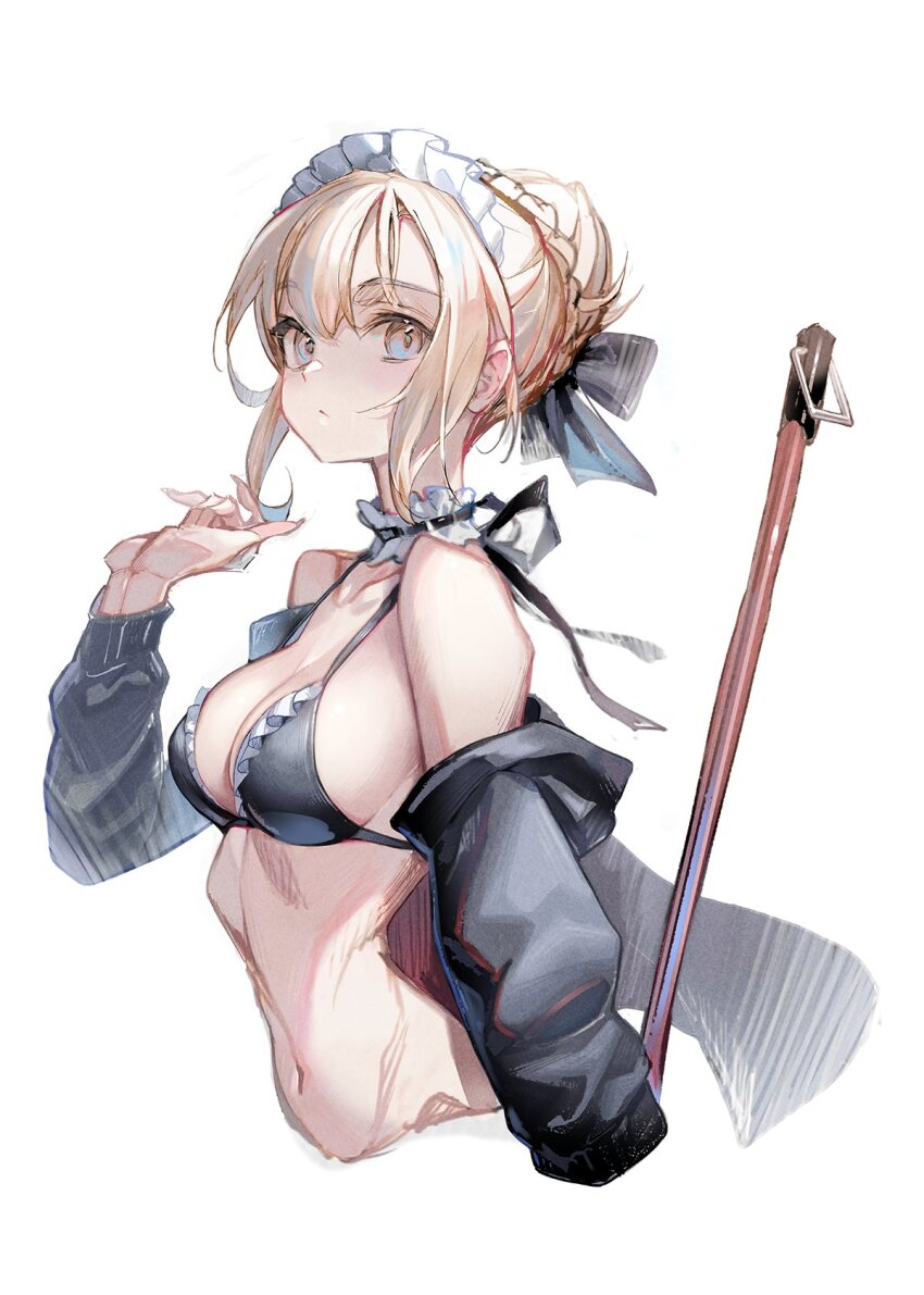 1girl artoria_pendragon_(fate) bare_shoulders bikini black_bikini black_jacket blonde_hair blush braid breasts choker cleavage fate/grand_order fate_(series) frilled_choker frills hair_bun highres hood hooded_jacket jacket long_sleeves looking_at_viewer maid maid_bikini maid_headdress medium_breasts medium_hair mop navel off_shoulder open_clothes open_jacket saber_alter saber_alter_(swimsuit_rider)_(second_ascension) short_hair sidelocks solo suishougensou swimsuit unconventional_maid yellow_eyes