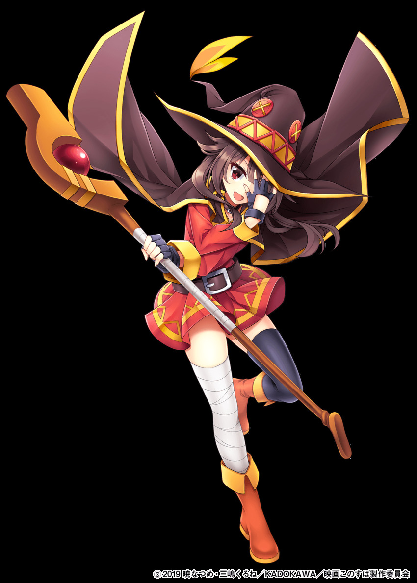 1girl bandaged_leg bandages black_gloves black_hat black_thighhighs boots brown_boots brown_hair cloak collar crossover dress edamame_senpai female_focus fingerless_gloves full_body gloves hand_over_face hat highres kono_subarashii_sekai_ni_shukufuku_wo! long_sleeves looking_at_viewer medium_hair megumin official_art open_mouth red_eyes short_dress simple_background single_thighhigh smile solo staff standing standing_on_one_leg thighhighs thighs transparent_background vivid_army watermark white_background witch_hat