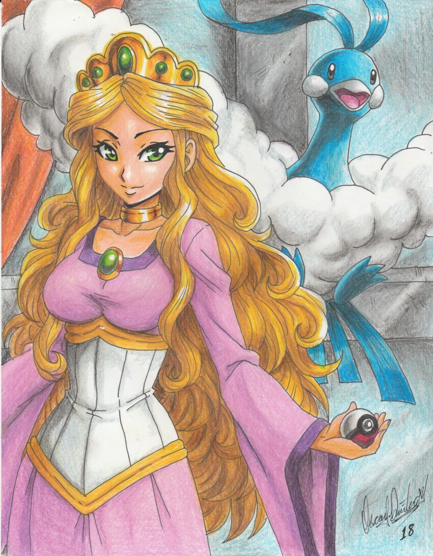 1girl 2018 absurdres altaria artist_name beak bird blonde_hair breasts closed_mouth cloud collarbone cowboy_shot crown dress fluffy gem gen_3_pokemon green_eyes highres holding holding_poke_ball ilene_(pokemon) indoors jewelry long_hair medium_breasts nintendo open_mouth parted_lips pink_dress poke_ball pokemon pokemon:_lucario_and_the_mystery_of_mew pokemon_(anime) pokemon_(creature) pokemon_rse_(anime) princess ravernclouk_design standing tongue traditional_media very_long_hair