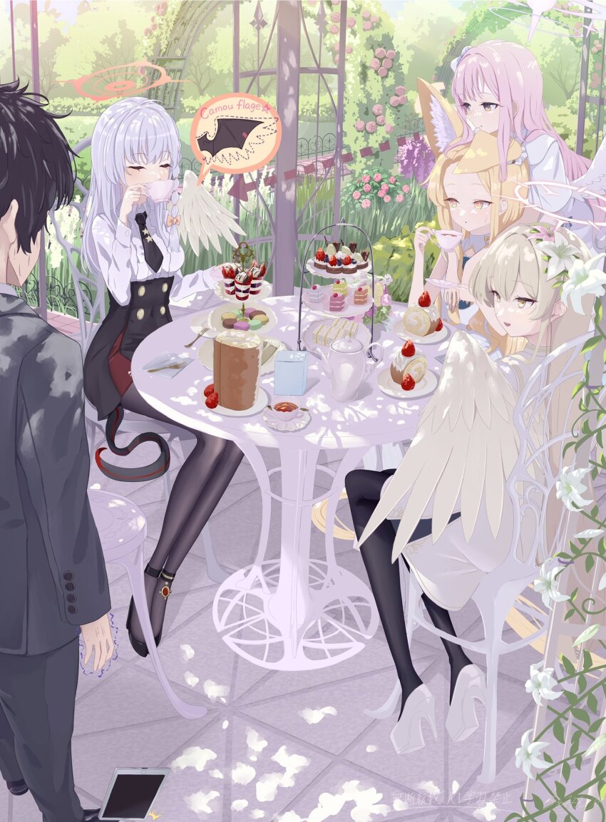 1boy 4girls angel_wings animal_ear_fluff animal_ears black_hair black_necktie black_pantyhose black_skirt blonde_hair blue_archive bow braid bright_pupils brown_hair buttons cake capelet collared_shirt commentary_request cup dappled_sunlight day demon_girl demon_tail double-breasted drinking english_text extra_ears feathered_wings floppy_ears flower food forehead formal_clothes fox_ears fox_girl fruit full_body garden grey_hair grey_suit hair_bow hair_flower hair_ornament halo hand_up haruna_(blue_archive) high-waist_skirt high_heels highres holding holding_cup hug hug_from_behind la_la_la_rarmin leaf_hair_ornament legs_together long_hair long_sleeves looking_at_another low_wings macaron mika_(blue_archive) multiple_girls nagisa_(blue_archive) necktie no_headwear on_chair open_mouth outdoors pantyhose parted_bangs pink_bow pink_eyes pink_flower pink_hair pink_halo pink_rose rose sandwich school_uniform seia_(blue_archive) sensei_(blue_archive) shirt short_hair single_braid single_wing sitting skirt smile speech_bubble spiked_hair standing star_(symbol) strawberry suit sunlight sweatdrop sweets swiss_roll table tail tea tea_party_(blue_archive) teacup teapot trembling watermark white_capelet white_flower white_pupils white_shirt white_wings wings yellow_eyes