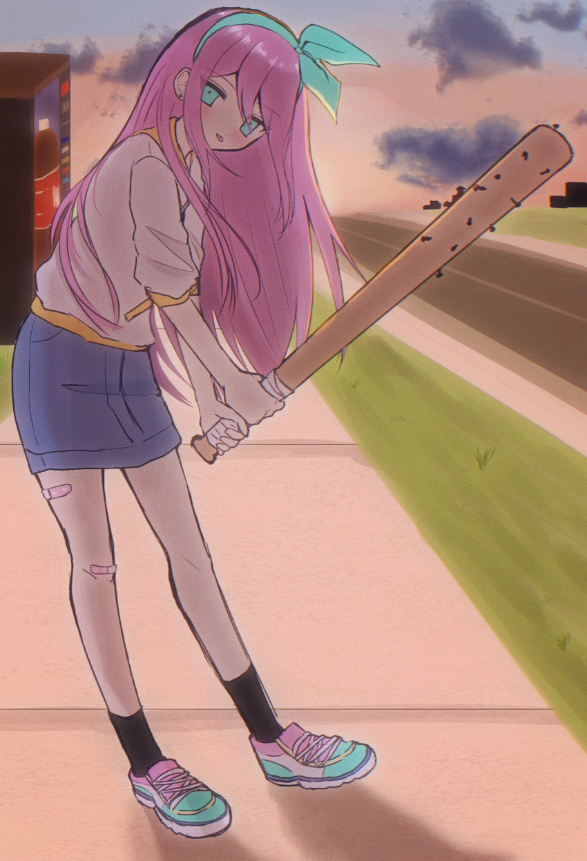 1girl ankle_socks aqua_eyes aqua_hairband aubrey_(faraway)_(omori) aubrey_(omori) backlighting bandaid bandaid_on_knee bandaid_on_leg bandaid_on_thigh baseball_bat black_socks blue_skirt blue_sky blush bow_hairband building cloud denim denim_skirt double-parted_bangs earrings full_body gradient_sky grass hair_between_eyes hairband highres holding holding_baseball_bat in-universe_location jacket jewelry leaning_forward long_hair looking_at_viewer miniskirt nail_(hardware) nail_bat omori orange_sky outdoors pink_hair revision road shadow shoes sidewalk skirt sky sneakers socks solo standing stud_earrings sunset three-quarter_sleeves tongue tongue_out true_erg tsurime vending_machine very_long_hair white_jacket white_shoes