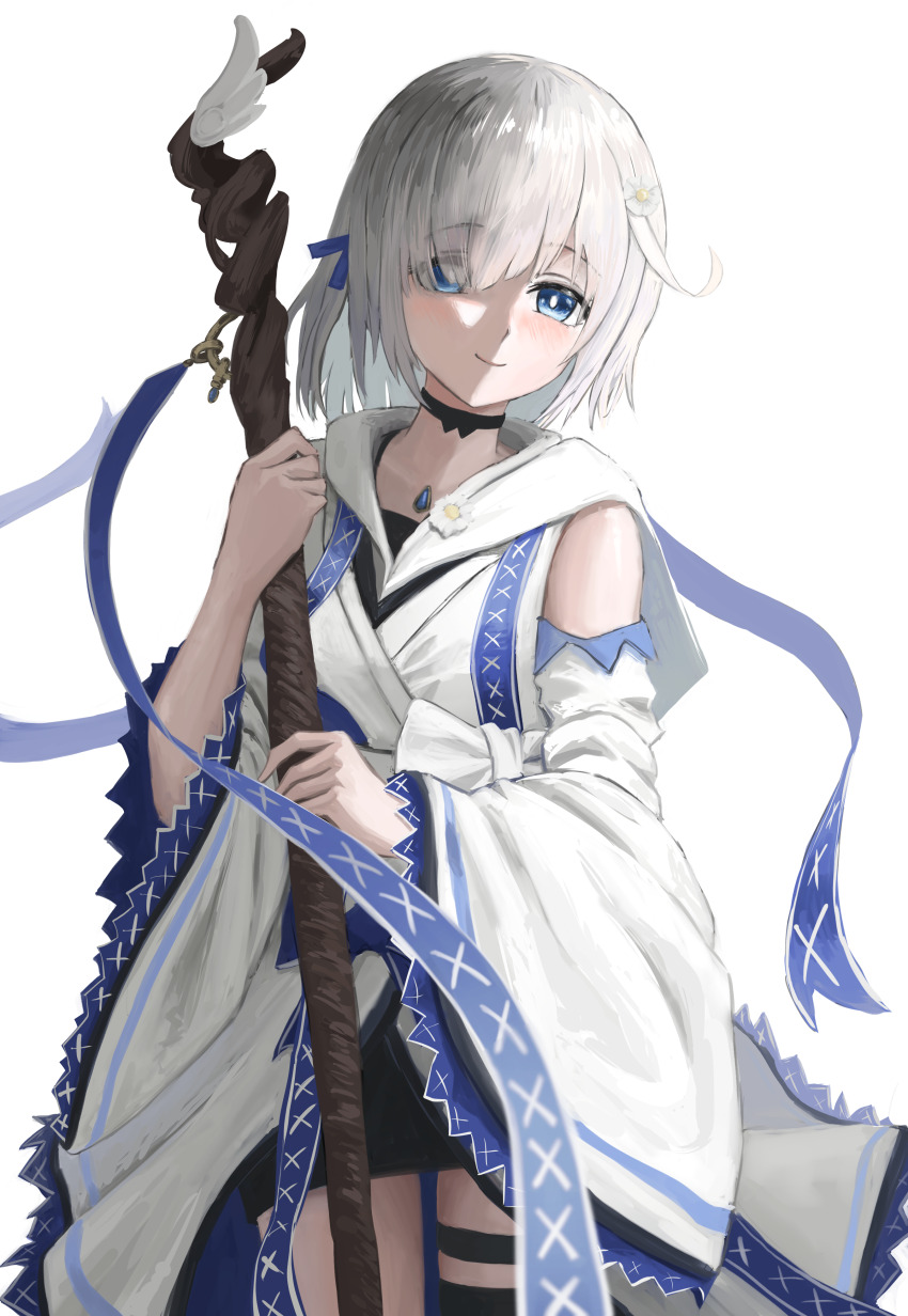 1girl absurdres black_choker black_skirt black_thighhighs blue_eyes blue_gemstone blue_ribbon blush bright_pupils chest_jewel choker closed_mouth commentary cowboy_shot detached_sleeves diagonal_bangs eyes_visible_through_hair flower gem grey_hair hair_flower hair_ornament hair_over_one_eye hair_ribbon highres holding holding_staff hood hood_down hooded_kimono isuzu_ren japanese_clothes kimono long_sleeves looking_at_viewer magia_record:_mahou_shoujo_madoka_magica_gaiden magical_girl mahou_shoujo_madoka_magica pencil_skirt ribbon ryo_(r9030397) short_hair simple_background single_thighhigh skirt smile solo soul_gem staff thigh_strap thighhighs white_background white_flower white_kimono white_pupils white_sleeves wide_sleeves