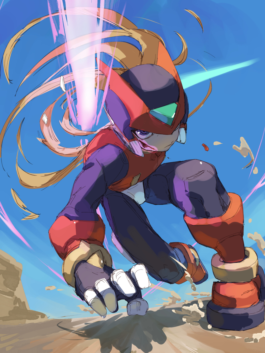 1boy armor blonde_hair dodging energy_sword forehead_jewel full_body helmet highres holding holding_sword holding_weapon long_hair male_focus mega_man_(series) mega_man_zero_(series) motion_blur omochi_(mochi_skymega) red_armor red_helmet solo sword weapon z_saber zero(z)_(mega_man) zero_(mega_man)