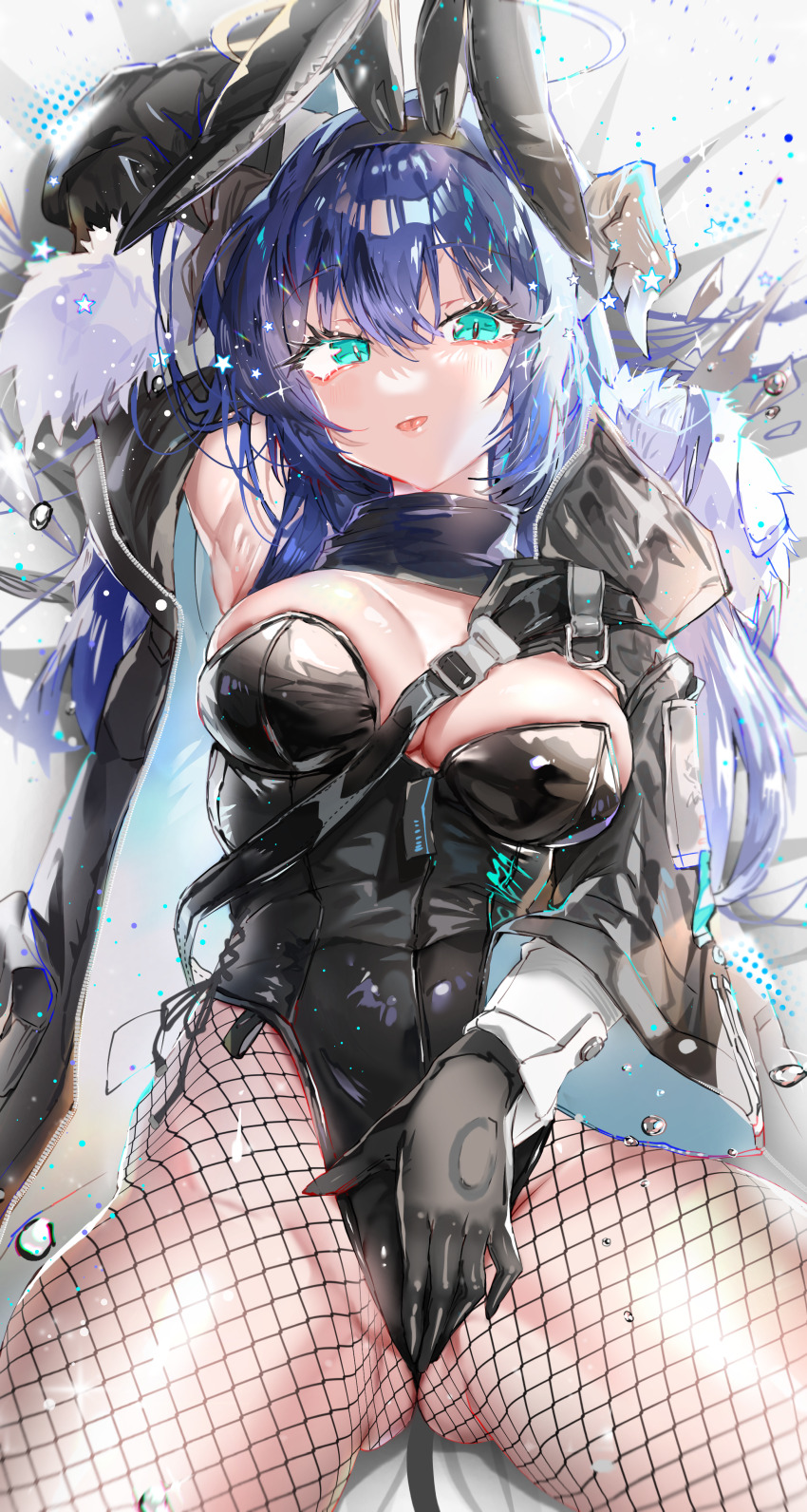 1girl absurdres animal_ears arknights ass black_gloves black_jacket black_leotard blue_eyes blue_hair breasts demon_horns fake_animal_ears fishnet_pantyhose fishnets gloves gluteal_fold halo highres horns jacket large_breasts leotard long_hair looking_at_viewer lying mostima_(arknights) on_back open_clothes open_jacket pantyhose playboy_bunny rabbit_ears solo star_(symbol) tekona0 tongue tongue_out