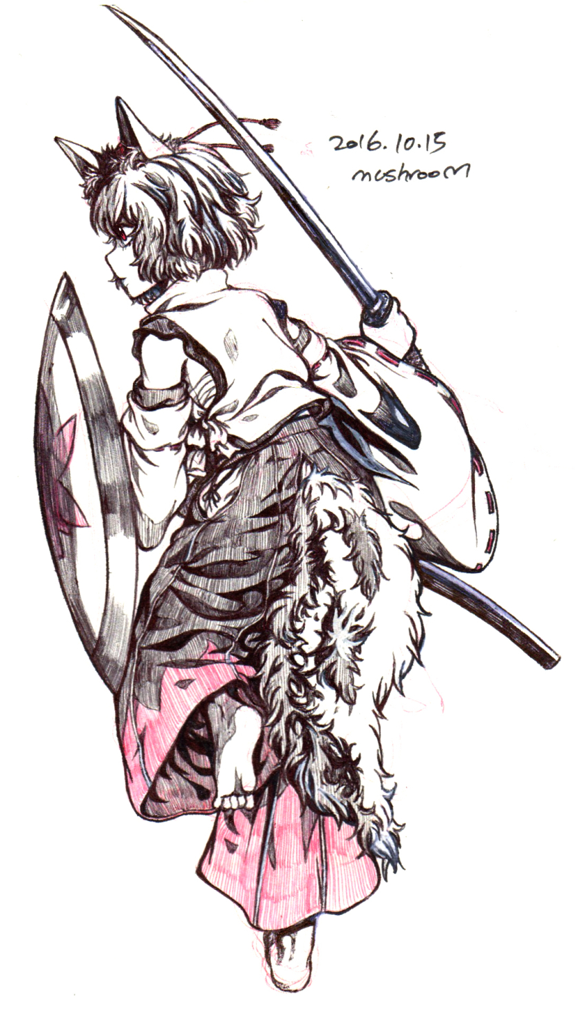 1girl 2016 animal_ears artist_name black_gloves black_pants dated fingerless_gloves full_body gloves highres holding holding_shield holding_sword holding_weapon inubashiri_momiji jacket katana mushroom_(osh320) pants red_eyes sarashi shield shirt short_hair soles solo standing sword tail toes touhou traditional_media weapon white_hair white_shirt white_sleeves wolf_ears wolf_girl wolf_tail