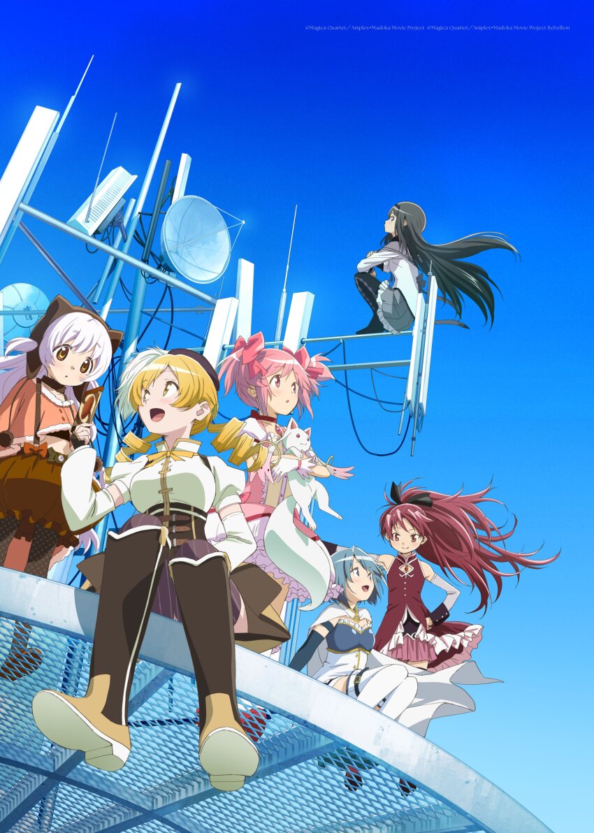 6+girls absurdres akemi_homura akemi_homura_(magical_girl) blue_sky cable catwalk_(walkway) creature hair_flowing_over highres holding holding_creature kaname_madoka kaname_madoka_(magical_girl) kyubey long_hair looking_at_another mahou_shoujo_madoka_magica mahou_shoujo_madoka_magica:_hangyaku_no_monogatari miki_sayaka miki_sayaka_(magical_girl) momoe_nagisa momoe_nagisa_(magical_girl) multiple_girls official_art radar radar_dish sakura_kyoko sakura_kyoko_(magical_girl) sky tomoe_mami tomoe_mami_(magical_girl)