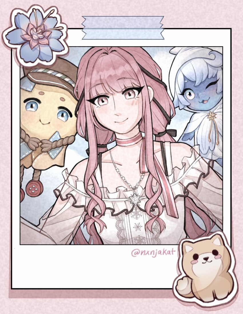 1girl arm_cutout bare_shoulders bead_necklace beads black_bow black_ribbon blue_flower blue_sky border bow bow_choker bowtie brown_eyes brown_hat buttons cabbie_hat center_frills choker cloak closed_mouth clothing_cutout cloud collarbone commentary dog english_commentary eyelashes faewish_sprite floof_(infinity_nikki) flower frilled_sleeves frills giroda_(infinity_nikki) hair_bow hair_intakes hair_ribbon happy hat highres hood hood_up hooded_cloak infinity_nikki jewelry light_blush lipstick long_hair long_sleeves low_twintails magnet makeup necklace nikki_(nikki) nikki_(series) nxnjakat one_eye_closed photo_(object) piecey pink_border pink_bow pink_bowtie pink_choker pink_hair pink_lips raggy_the_piecey ribbon see-through_clothes see-through_sleeves selfie shadow shirt shoulder_cutout sidelocks single_stripe sky smile snowflakes star_(symbol) star_necklace striped_bow striped_bowtie striped_choker striped_clothes tape tress_ribbon twintails twitter_username upper_body very_long_hair wavy_hair white_cloak white_shirt